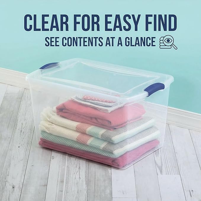 4 Pack 66 Quart (16.5 Gallon) Clear Plastic Storage Bins with Blue Latching Lids Heavy Duty Stackable Organizer Containers for Closet Garage Bedroom Office Home Organization