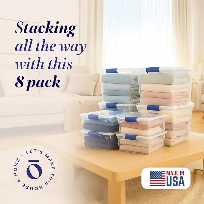 HOMZ Secure Latch Clear Plastic Storage Organizer Bins 31 Quart (4-Pack) &amp 15.5 Quart (4-Pack) Blue Latches - Stackable Organizing Containers for Home Garage and Office