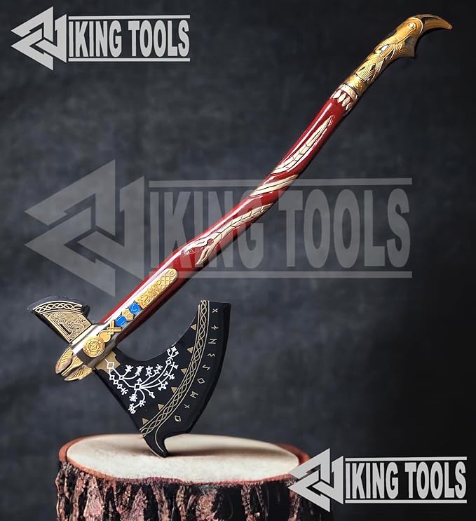 SHINY CRAFTS® Handcrafted Viking Axe – Engraved Nordic Blade with Wooden Handle Norse Bearded Hatchet for Men Unique Gift for Him Collectors Cosplay Camping Medieval Wall Decor (Viking-VBA-26)