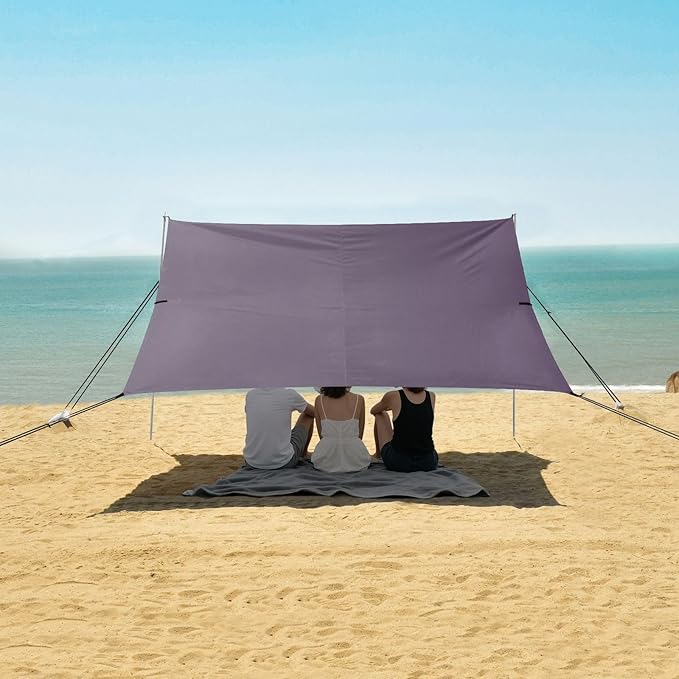 Grey Gradient Beach Tent UPF50+ Protection Lightweight Sun Shelter with Sandbags and Shovel for Camping Fishing Backyard Fun