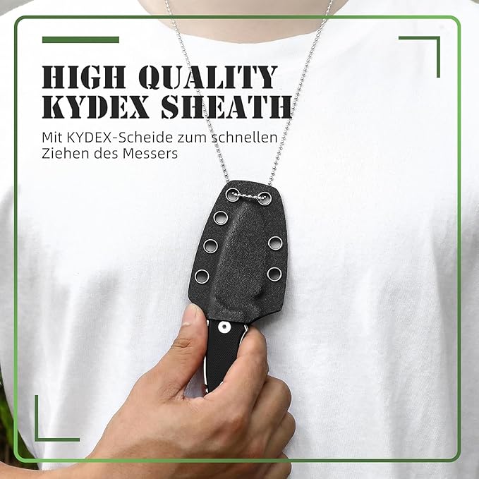 Omesio Neck Knife 5.43 Neck Knife with Sheath and Necklace Full Tang Small Fixed Blad Knife D2 Steel 2.17-Inch Blade G10 Handle for Outdoor Survival Camping Tactical