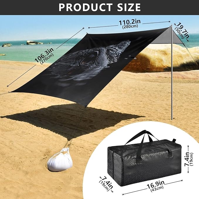 Crocodile Black Beach Tent Sun Shelter Set UPF50+ UV Protection 10.5 x 9.19 FT Camping Shade Canopy with Sandbags Sand Anchors Carrying Bag and Others