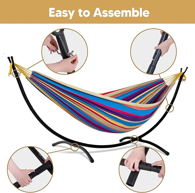 SUNCREAT Portable Large Hammock with Stand Two Person Hammock with Stand Included Rainbow Stripes