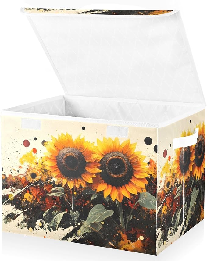 AIXIWAWA Lidded Storage Cube (Painting Of Sunflowers) Fabric Foldable Closet Bins with Flip Lid and Handles Organizer Basket Container 16.5 x 12.6 x 11.8 IN