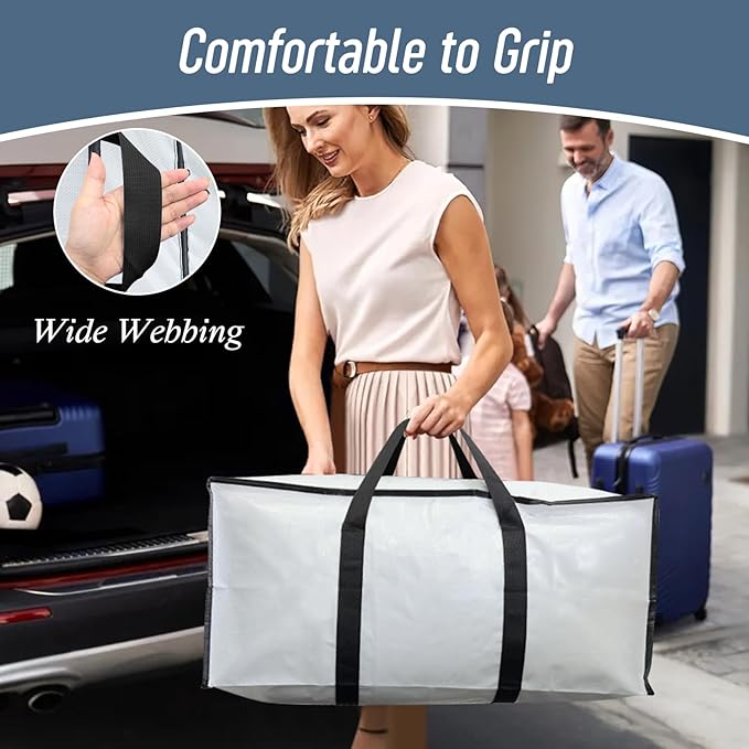6 Pack Extra Heavy Duty Large Moving Bags with Strong Zipper &amp Comfortable Handles Sturdy &amp Durable Clothes Storage Bags Totes Bins Packing Moving Boxes for College Supplies White