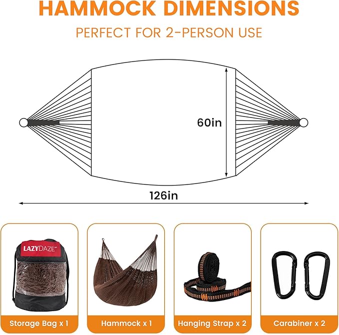 Lazy Daze Hammocks Handwoven Mayan Hammock 10.5 FT Soft Rope Double Hammocks Portable Outdoor Hammock with Carry Bag 2 Straps &amp Carabiners for Patio Outside 550 lbs Weight Capacity Coffee