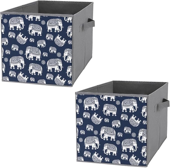 Foldable Cube Storage Organizer with Handles Navy Elephant Durable Collapsible Fabric Bin for Travel &amp Camping Portable Organizer for Gear &amp Supplies