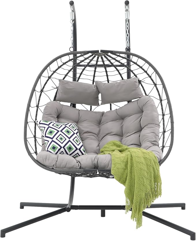Patiorama 2 Person Double Egg Swing Chair with Stand Indoor Outdoor Patio Wicker Rattan Hanging Egg Chair w/Cushion Pillow Foldable Hammock Chair 550lbs for Bedroom Balcony Garden (Light Grey)