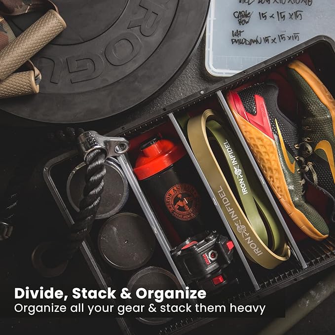 SIDIO CRATE Starter Pack - Two Full Size and One Half Size Heavy Duty Stackable Storage Bins Totes with Lids and Dividers - Durable Organizer for Home Office Garage and Outdoor Use - Stealth