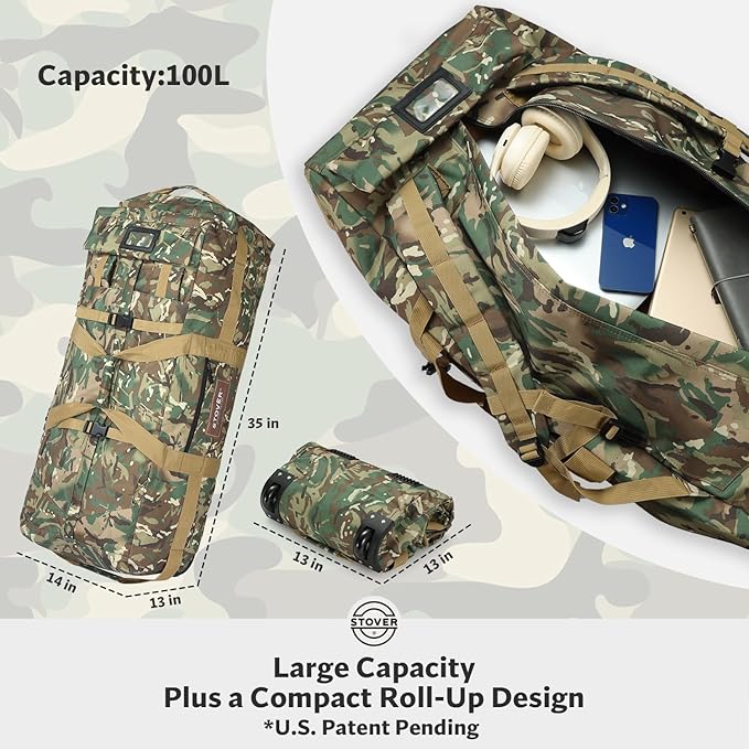 STOVER 45/80/100L Rolling Duffel Bag with Wheels X-Large Durable Travel Duffle + Toiletry Bag Heavy Duty Packable with Shoulder Straps- Use as Luggage or Backpack (Camouflage)