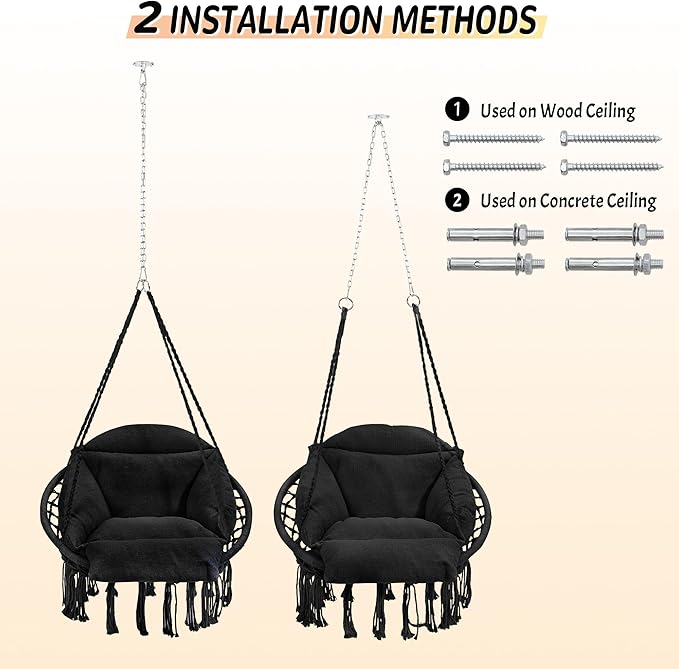 Macrame Hammock Hanging Swinging Chair with Oversized Cushion Perfect for Bedroom Porch Kids Adults Balcony Black