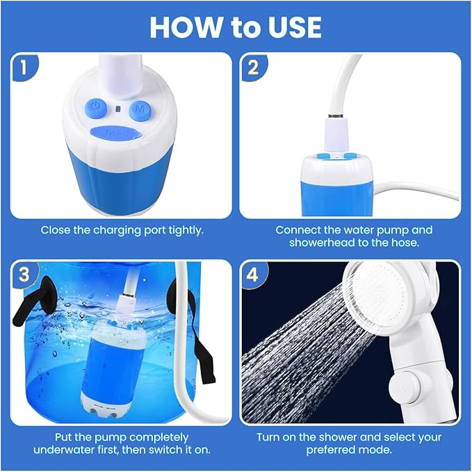 Portable Shower for Camping Pump Camp Shower Set Rechargeable Outdoor Pressurized Multi-Mode Shower Head Sprayer Suitable for Outdoor Camping Car Washing