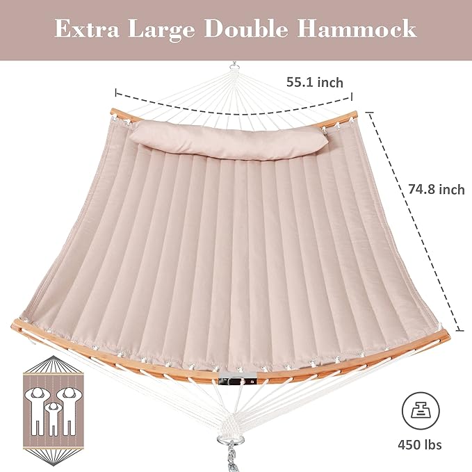 SUNCREAT Hammocks Patio Hammock with Stand 2 Person Heavy Duty Curved Hammock with 13.5 ft Wooden Stand Tan