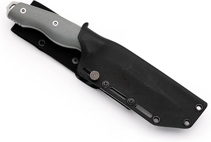Hydra Knives WHITE NOISE Knife. 5.12 Full Tang Fixed Blade. Drop Point Shape with Böhler K110 (D2) Steel 58-60 HRC. CNC G10 Grey Handle. Kydex Black Sheath. Hunting Tactical Bushcraft Outdoor and