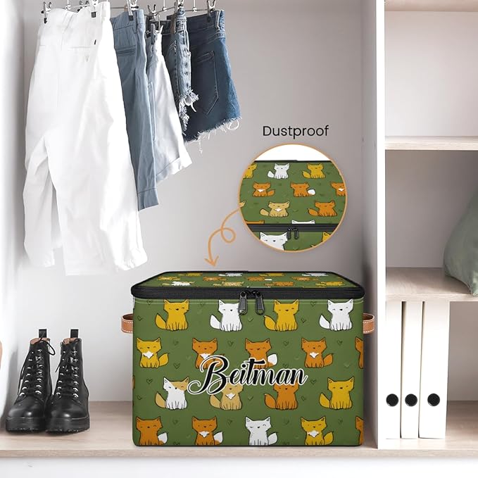 Storage-Bins with Lids Personalized Closet-Storage-Bins Under-Bed Stackable-Cubes-Box for Home Bedroom Fox Green