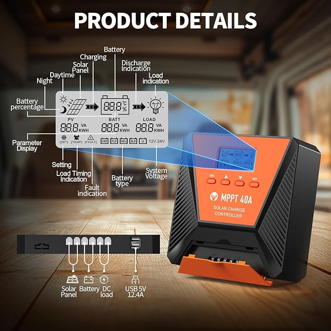 40A MPPT Solar Charge Controller 12V/ 24V Solar Panel Charge Controller Intelligent Regulator for FLD/LiFePO4/SLD/GEL/AGM with Dual USB Port Auto Parameter LCD Display and Timer Setting ON/Off Hours