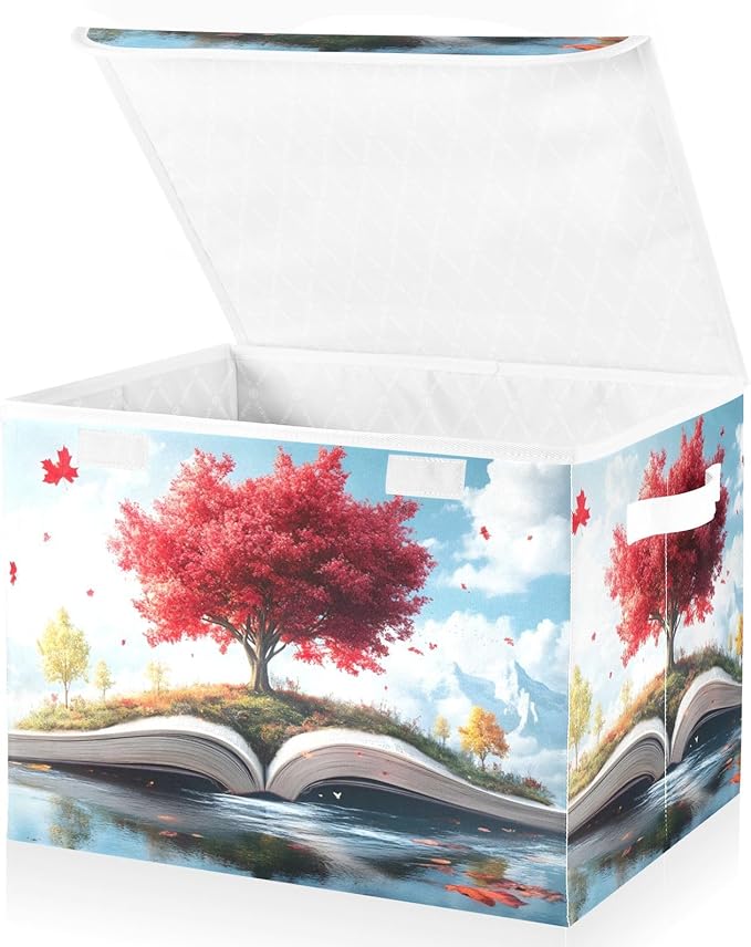 Storage Cube with Lid Tree on Book Print 16.5×12.6×11.8 IN Collapsible Large Capacity Foldable Storage Basket Bin Organizer