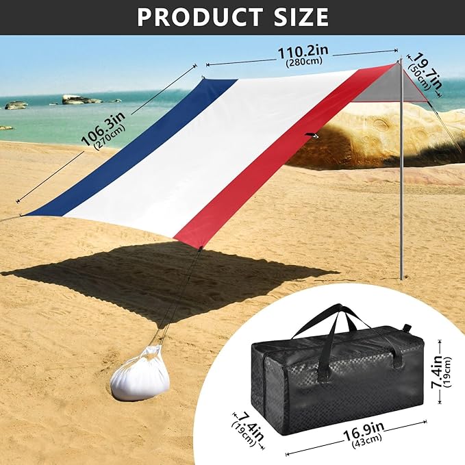 France Flag Foldable Beach Canopy UPF50 Easy Setup Shade Sun Shelter with Sandbags Sand Shovel Poles for Camping Picnics Backyard