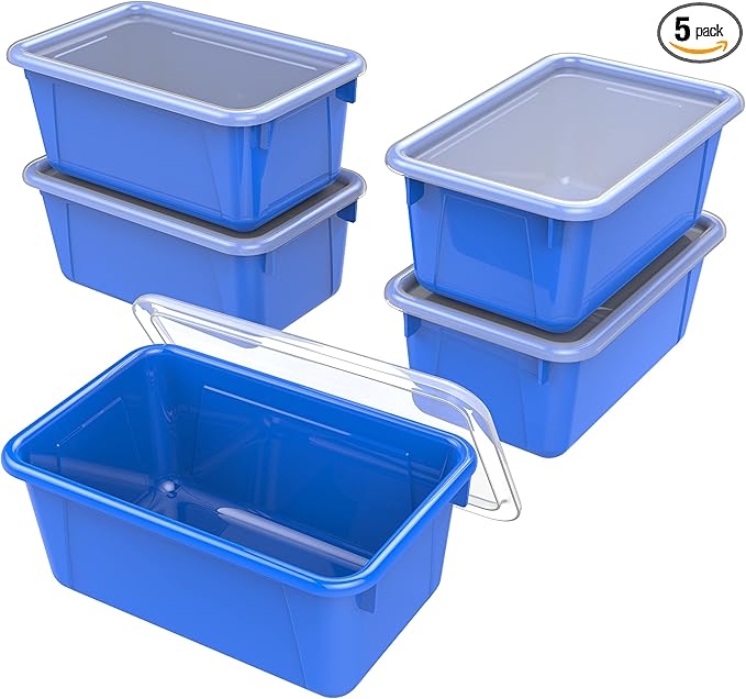Storex Small Cubby Bins – Plastic Storage Containers for Classroom with Non-Snap Lid 12.2 x 7.8 x 5.1 inches Blue 5-Pack (62408A05C)
