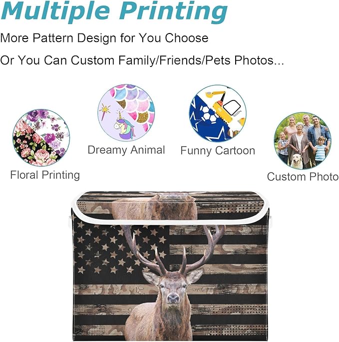 CaTaKu Deer Hunting Storage Bins with Lids Fabric Large Storage Container Cube Basket with Handle American Flag Decorative Storage Boxes for Organizing Clothes Shelves