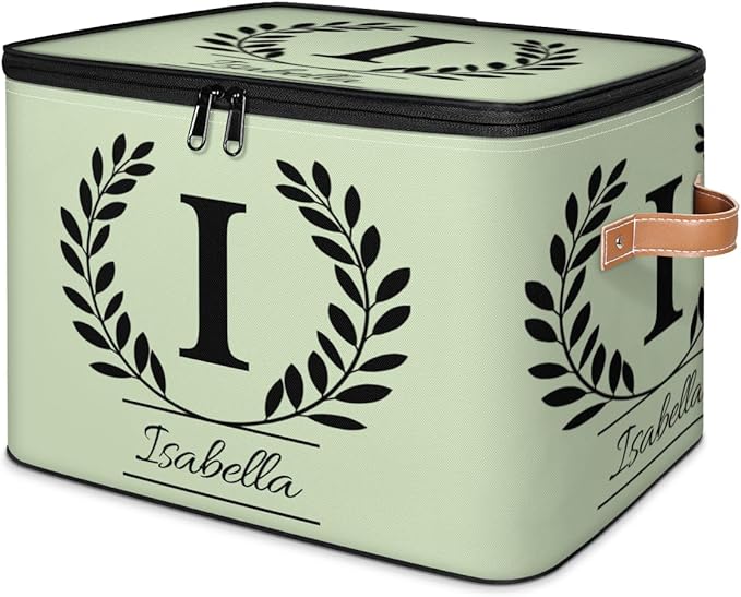 Custom Storage Bins with Lid Initial Name Personalized Storage Basket Boxes Eucalyptus Leaves Foldable Closet Organizer Cube Sage Green