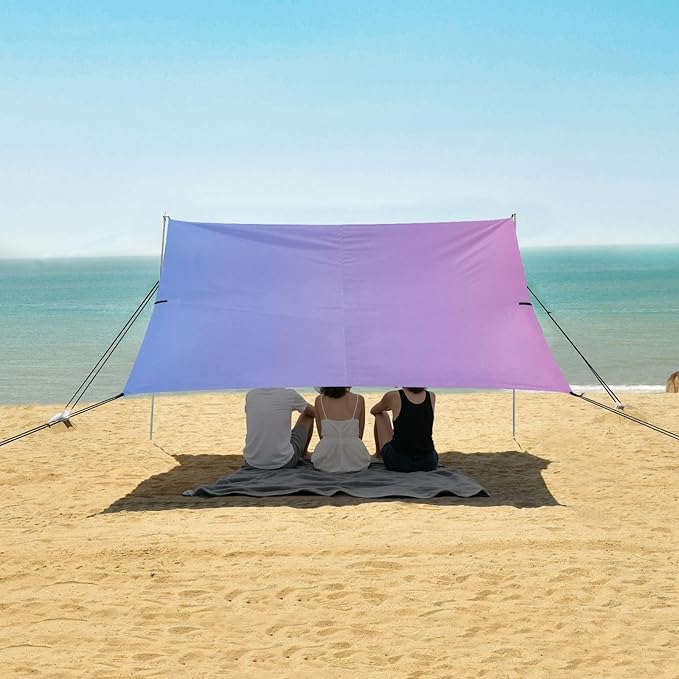 Pink Blue Gradient Foldable Beach Tent UPF50+ Protection Water-Resistant Large Sun Shelter Includes Sand Shovel Sandbags Stability Poles for Family Trips Picnics &amp Camping