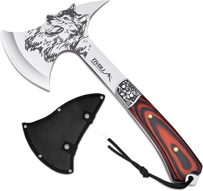 TIVOLI 13 Camping Axe Wolf - Patterned Survival Hatchet with Nylon Sheath High Carbon Steel Blade Compact Outdoor Bushcraft Axe with Ergonomic Wood Grip Camping Gear for Hiking Chopping Hunting