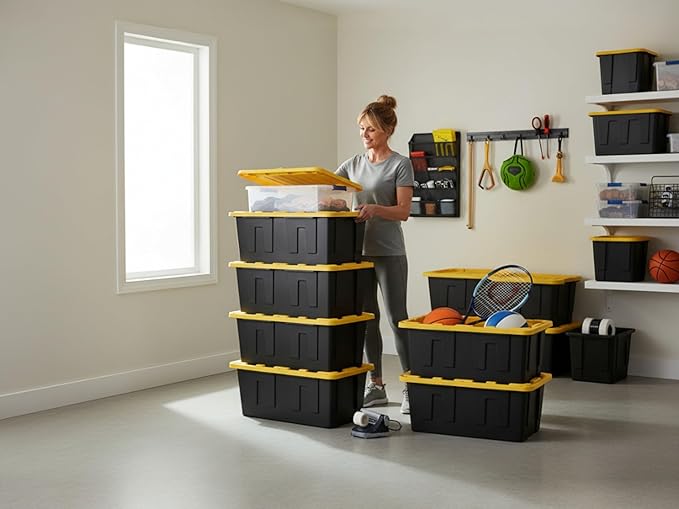 Heavy-Duty Storage Tote with Lid Black and Yellow 40 Gallon 22.0 D x 38.2 W x 16.4 H (6 PACK)