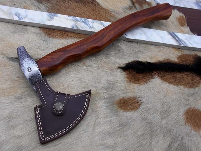 Damascus Depot Camper Axe 14 Inches Long Hand Forged Carbon Steel with Rose Wood Round Handle Bearded Hiking Battle Axe Thick Cow Hide Leather Sheath