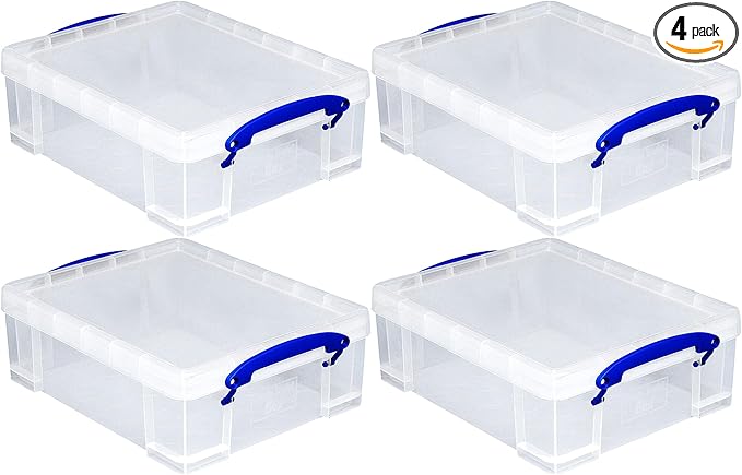 Really Useful Box 4 Pack Storage Bins Clear Plastic Stackable Organizing Totes 8.1 Liter