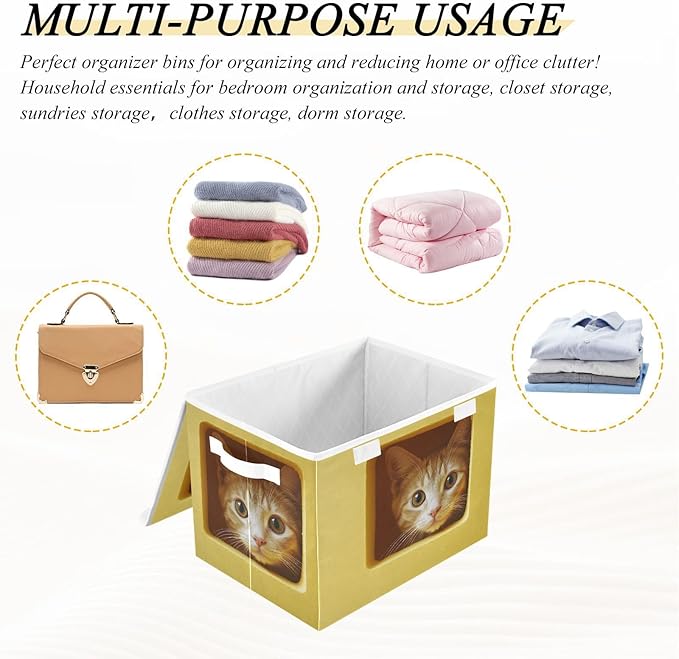 Storage Cube with Lid Curious Cat Print 16.5×12.6×11.8 IN Collapsible Large Capacity Foldable Storage Basket Bin Organizer