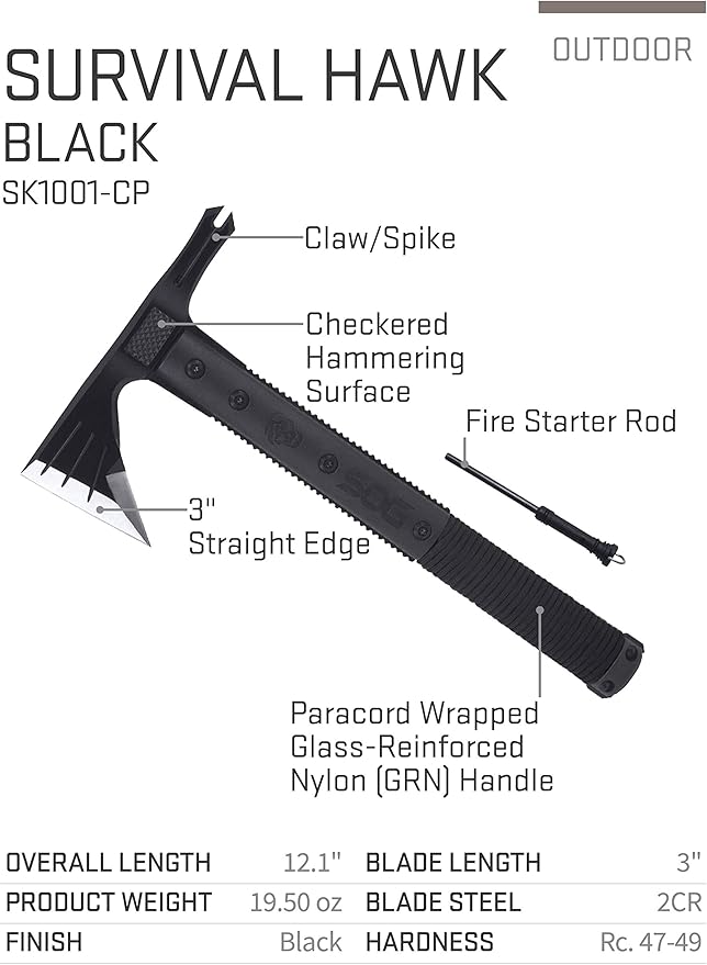 SOG Survival Hawk - Specialty Outdoor Tactical Hatchet Fire Starter Nail Puller &amp Entrenching Tool- 18.25 Inch Folding Survival Shovel