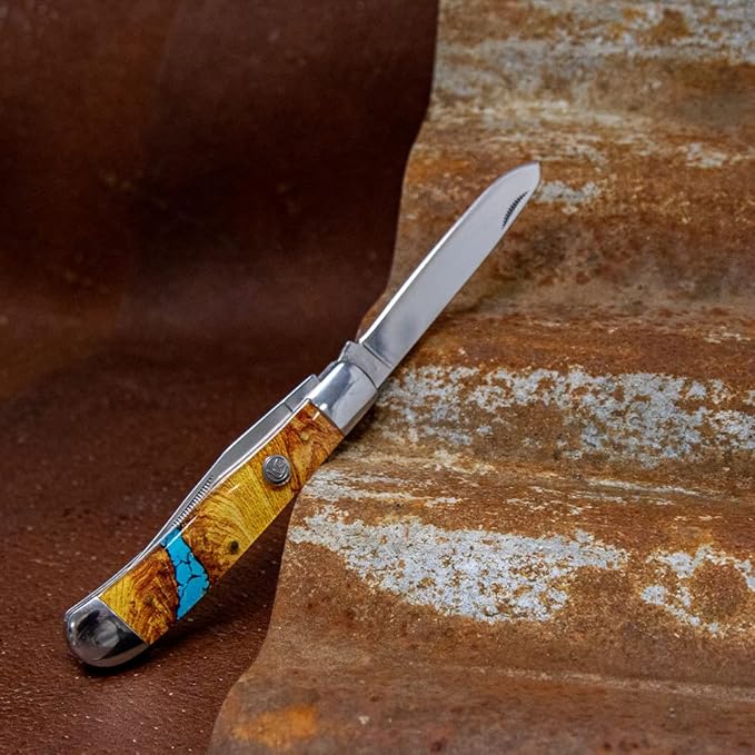 WHISKEY BENT HAT CO. Traditional Trapper Folding Pocket Knife 4.125 Closed Length 440C Stainless Steel Blades (Turquoise River)
