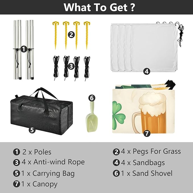 xigua St. Patrick's Day Beach Tent Sun Shelter with Carrying Bag - Silver Coated Oxford Fabric Beach Canopy for Beach Camping Fishing - Includes Windproof Ropes Sandbags &amp Stakes