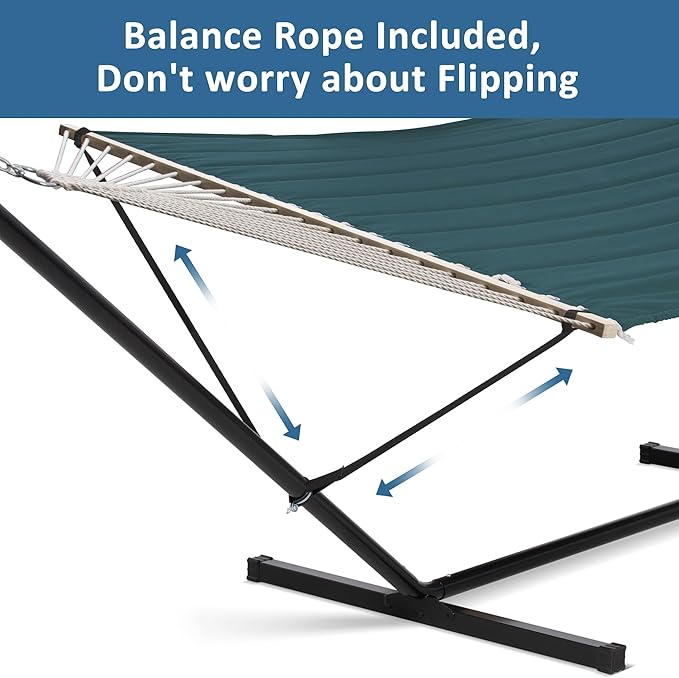 SUNCREAT Hammocks Extra Large Double Hammock with 12 ft Stand for Outside 475lbs Capacity Outdoor Portable Hammock with Hardwood Spreader Bar Extra Large Pillow Dark Green