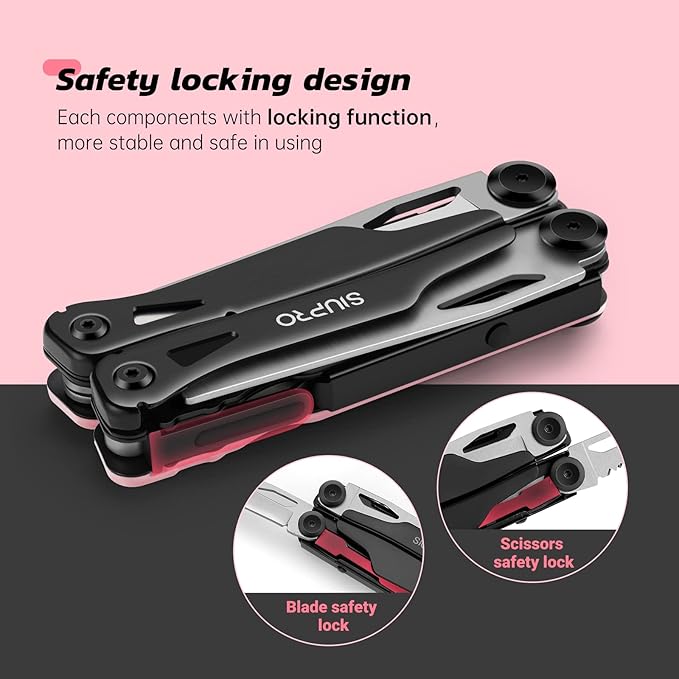 SIUPRO Multitool Pocket Knife for Men Women Tactical Multi Tool with Pliers Saw Screwdriver All Self-Locking Survival Gear With Clip and Pouch for Camping Gifts Idea Pink