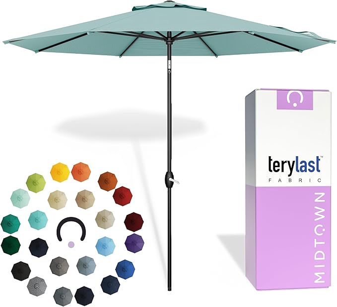 Midtown Umbrellas - 10-Year-No-Fade 8 Ft Patio Umbrella with Terylast Fabric Auto-Tilt Aluminum Frame and 8 Reinforced Ribs for Deck Pool Garden &amp Beach - Aqua Canopy Black Pole