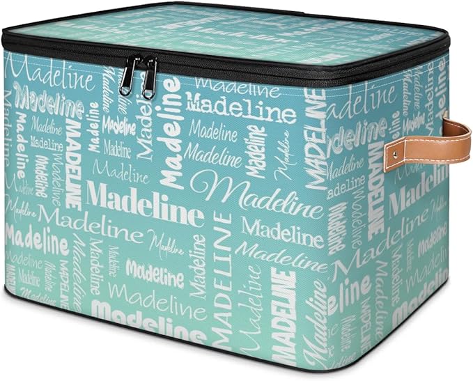 Custom Storage Basket with Name Personalized Keepsake Box with Zipper Lid Foldable Fabric Memory Bin Large capacity with Handle Grey Blue Green