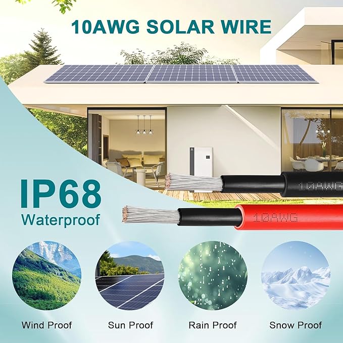 10AWG Solar Wire 6mm² 2 Pack 200FT Red &amp Black Solar Panel Cable 84 Strands Tinned Copper XLPE Insulated Outdoor Wire for PV Systems Inverter Battery RV Car Boat – Fire &amp UV Resistant