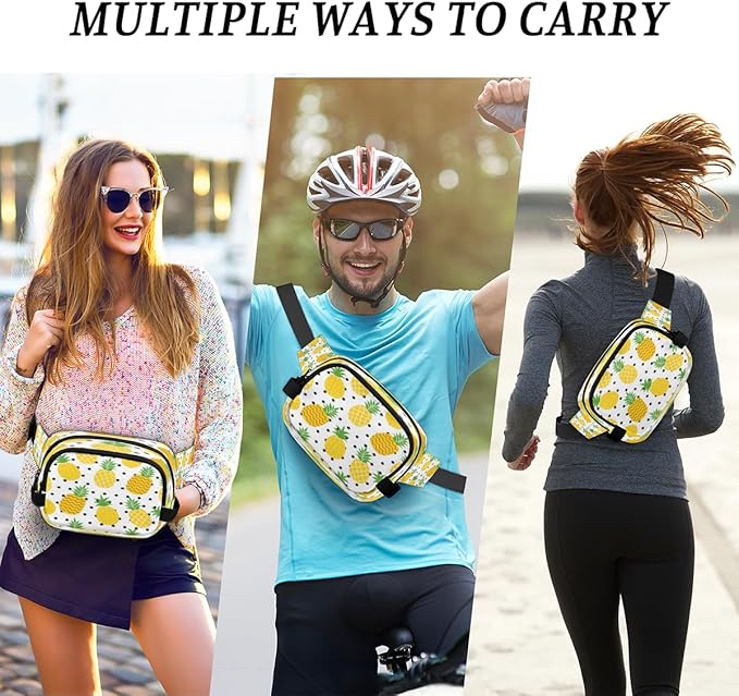 Watercolor Pineapple Polka Dots Waterproof Fanny Pack for Women Men Adjustable Waist Bag with Double Zipper Pockets Lightweight Square Hip Pack for Running Travel Hiking Workout Cycling