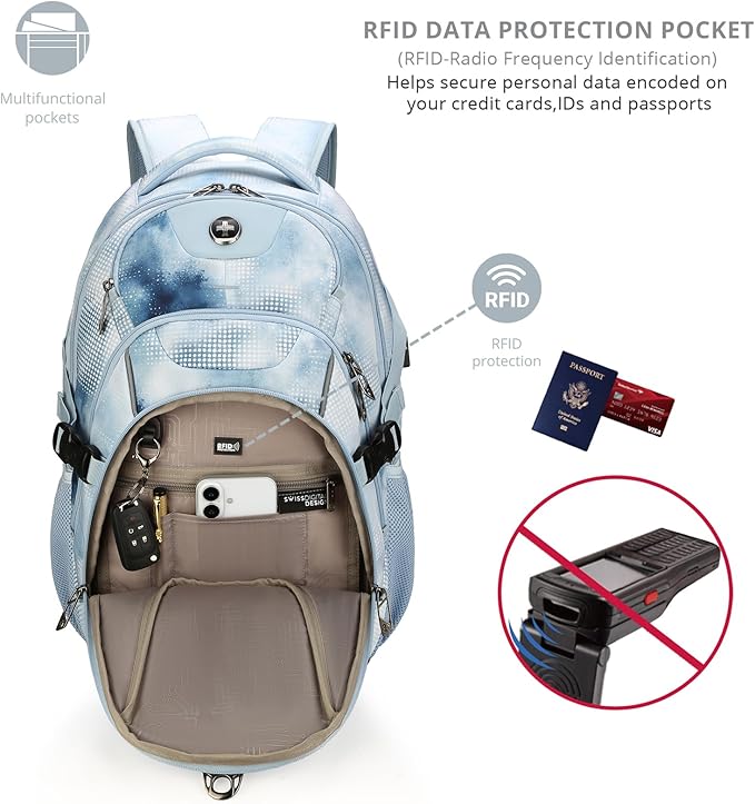 Swissdigital Laptop Backpack with USB Charging Port Travel Backpack Fits 15.6 inches Computer 31L Backpack for Men Polka Blue | SD803-105