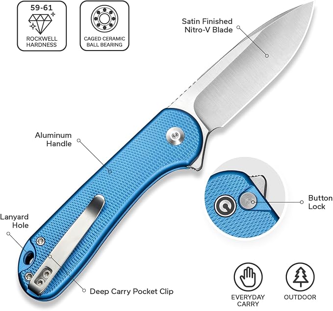 CIVIVI Elementum II Pocket Folding Knife 2.96 Nitro-V Steel Blade Aluminum Handle Knife with Deep Carry Pocket Clip for EDC Camping Hiking Hunting C18062PD-2 Blue