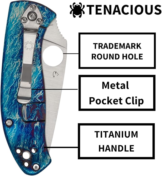 Spyderco Tenacious Disarray Folding Pocket Knife with 3.3 D2 Steel Blade and Titanium Handle - EDC Knife for Men and Women Perfect for Hunting Tactical Camping Survival - PlainEdge - C122TIBLD2P