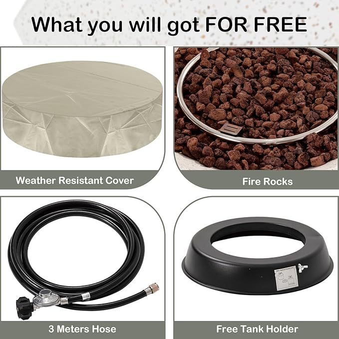 HOMPUS Round Fire Pit Table Outdoor Propane Fire Pit Table w Free Lava Rocks &amp Rain Cover Terrazzo Colorful Fire Pit for Patio Outside