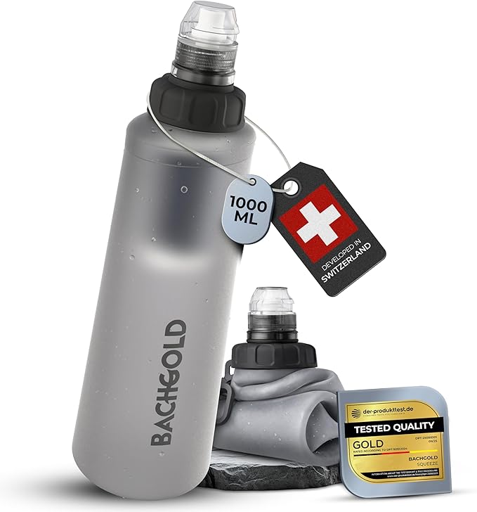 Water Filter Camping – Bachgold Squeeze Foldable Squeeze Bottle | Ultralight Backpacking Filtration for Hiking Survival &amp Emergency | Dual-Stage Filtration Swiss Design