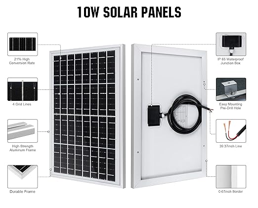 ECO-WORTHY 10W Solar Panel Battery Charger Portable for Charging 12V Battery or Vehicle Gate OpenerElectrical Fence Chicken Coop Lawn Tractor Boat