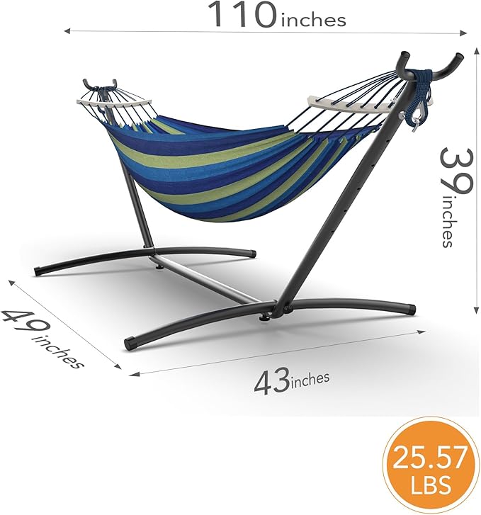 Everyfun Double Hammock with Space-Saving Steel Stand 2 Person Heavy-Duty Hammock for Garden Yard or Outdoor 600lbs Capacity Wide Blue