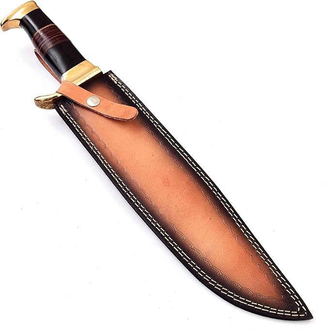 15.5 Long hand forged hammered Carbon steel Hunting Bowie Knife Bull horn and Rose wood scale with Brass finger guard &amp Pommel Over 10 sharp clip point blade cutting edge Cow Hide Leather she