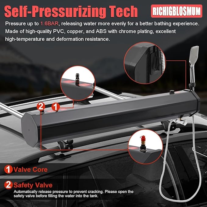 Roof Rack Water Tank with Shower &amp 5.58FT Hose Lightweight Design Multi-Functional Overland Shower for SUVs Trucks Off-Road &amp Camping