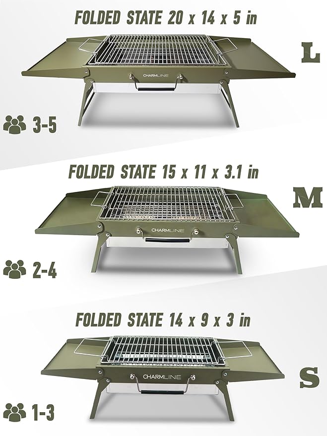 Charmline 20 x 14 inches Large Foldable Portable Charcoal BBQ Grill Camping BBQ Grill for 3–5 People Ideal for Camping Garden Beach Picnic &amp Tabletop Use Green